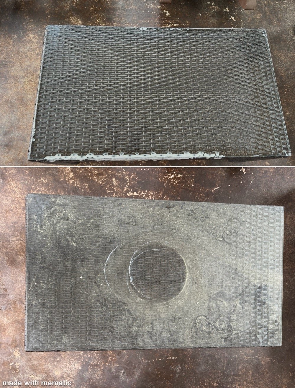 Two metal plates with diamond grip pattern, top plate intact and bottom plate with circular cutout, photographed on weathered ground.